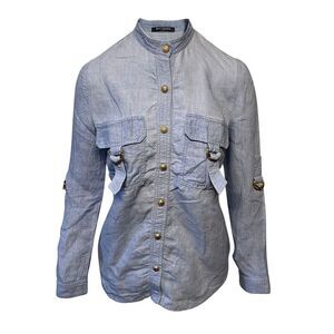 Balmain Shirt with Adjustable Sleeves with Pockets in Blue Linen